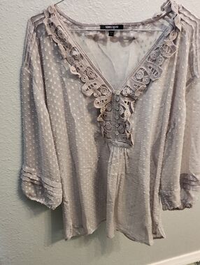 Daniel Rainn Taupe Swiss Dot Lace-Trim Peasant Tunic Mesh Top